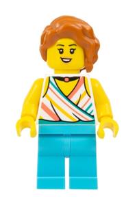 Plane Passenger Minifigure - Female plane passenger with a white halter top and black choker necklace, medium azure legs, and dark orange hair with a braid - cty1681