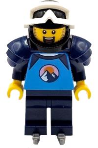 Ice Hockey Player Minifigure - Male ice hockey player with dark azure and dark blue shirt with mountains, dark blue legs and shoulder pads, black helmet, white goggles, and ice skates - cty1682