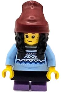 Child Minifigure - Girl child in a bright light blue sweater, medium lavender short legs, dark red beanie with black hair, and black skirt (TikTok fan) - cty1686