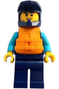 Water Scooter Driver Minifigure - Male water scooter driver in dark blue diving suit, dirt bike helmet, orange life jacket, with a lopsided smirk - cty1687