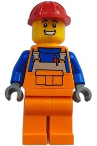 Construction Worker - Male, Orange Overalls with Reflective Stripe and Buckles over Blue Shirt, Orange Legs, Red Construction Helmet, Open Mouth Smile cty1688