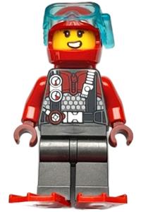 Diver Minifigure - Female diver with a red helmet, air tanks, and flippers - cty1689