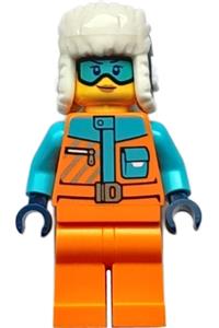 Arctic Explorer Minifigure - Female arctic explorer in an orange jacket with a dark blue ushanka hat and medium azure goggles - cty1690