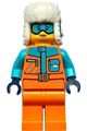 Female arctic explorer in an orange jacket with a dark blue ushanka hat and medium azure goggles - cty1690