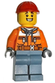 Male construction worker in an orange safety jacket with reflective stripe, sand blue hoodie, sand blue legs, and red construction helmet - cty1691