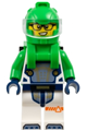 Male astronaut with a bright green helmet, backpack with solar panel, and white suit with bright green arms - cty1694