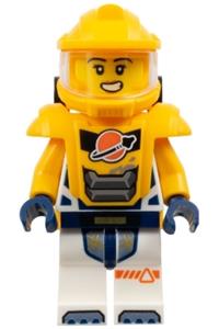 Astronaut Minifigure - Female astronaut wearing a bright light orange helmet and armor, with a white suit and bright light orange arms - cty1695