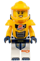 Female astronaut wearing a bright light orange helmet and armor, with a white suit and bright light orange arms - cty1695
