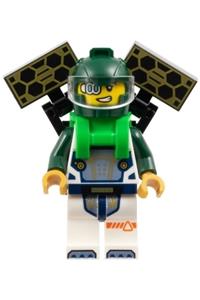 Astronaut Minifigure - Male astronaut in a dark green helmet, with a bright green backpack with solar panels, wearing a white suit with dark green arms - cty1696