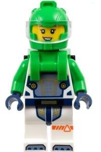 Astronaut Minifigure - Female astronaut with a bright green helmet, backpack with solar panel, and white suit with bright green arms - cty1698