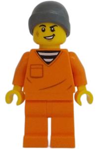 City Jail Prisoner Male Minifigure - Male city jail prisoner minifigure wearing an orange prison jumpsuit, dark bluish gray beanie hat, with a scruff mark - cty1699