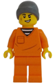 Male city jail prisoner minifigure wearing an orange prison jumpsuit, dark bluish gray beanie hat, with a scruff mark - cty1699