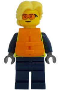 City Police Officer Male Minifigure - Male city police officer wearing a neon yellow safety vest, orange safety glasses and life jacket, with bright light yellow hair - cty1700