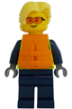 Male city police officer wearing a neon yellow safety vest, orange safety glasses and life jacket, with bright light yellow hair - cty1700