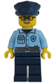 Male city police officer with a bright light blue shirt, dark blue legs, light bluish gray moustache, and black glasses - cty1705