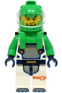 Astronaut Green and White - Male astronaut in a white spacesuit with bright green arms, helmet, backpack with solar panel, and goatee - cty1706