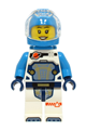 Female astronaut in a white spacesuit with dark azure arms, helmet, backpack, and a hearing aid - cty1707
