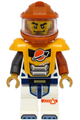 Male astronaut wearing a white spacesuit with dark orange and pearl dark gray arms, a dark orange helmet, and bright light orange armor with ingot - cty1709