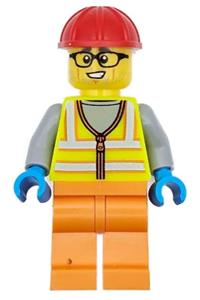 Construction Worker - Male, Neon Yellow Safety Vest, Orange Legs, Red Construction Helmet, Black Glasses cty1710