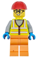 Construction Worker - Male, Neon Yellow Safety Vest, Orange Legs, Red Construction Helmet, Black Glasses - cty1710