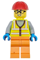 Male construction worker in a neon yellow safety vest with orange legs, red construction helmet, and black glasses - cty1710