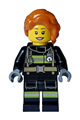Female firefighter with dark orange wavy hair in a loose braid, black jacket and legs with reflective stripes - cty1713