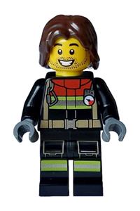 Firefighter Male Minifigure - Male firefighter with black jacket and legs featuring reflective stripes and red collar, with mid-length tousled dark brown hair - cty1714