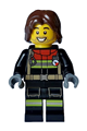 Male firefighter with black jacket and legs featuring reflective stripes and red collar, with mid-length tousled dark brown hair - cty1714