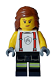 Female fire minifigure wearing white shirt with suspenders, legs with reflective stripes, and reddish brown hair with braid - cty1715