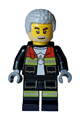 Male fireman with black open jacket, legs with reflective stripes, red collar, and light bluish gray coiled hair - cty1716