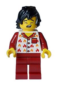 Firefighter Male in PJs Minifigure - Male fireman with white jacket featuring flames, dark red legs, and black tousled hair - cty1717