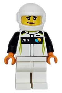 Race Car Driver Minifigure - Female race car driver in a white, black, and lime racing suit with white legs and helmet - cty1718
