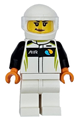 Female race car driver in a white, black, and lime racing suit with white legs and helmet - cty1718