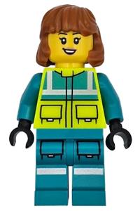 Ambulance Driver - Female, Dark Turquoise and Neon Yellow Safety Vest, Legs with Silver Reflective Stripes, Dark Orange Mid Length Hair cty1720