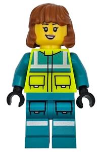 Ambulance Driver Minifigure - Female ambulance driver with dark turquoise and neon yellow safety vest, legs with silver reflective stripes, and dark orange mid-length hair - cty1720
