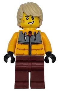 Snowboarder Minifigure - Male snowboarder with a bright light orange jacket, dark red legs, tan tousled hair, and a scuff mark - cty1721