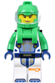 Female astronaut in a white spacesuit with bright green arms, helmet, and backpack with solar panel and clip - cty1726