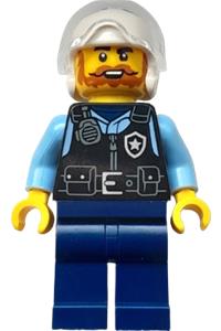 City Police Officer Minifigure - Male city police officer with black safety vest featuring silver star badge logo, dark blue legs, white flight helmet, trans-clear visor, and beard - cty1728