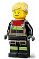 Female fire minifigure with black jacket, legs with reflective stripes and red collar, bright light yellow hair in ponytail and swept sideways fringe - cty1731