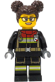 Female firefighter with black jacket and legs featuring reflective stripes, red collar, and dark brown hair with buns - cty1732