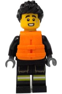 Firefighter Male Minifigure - Male fire minifigure with black jacket and legs featuring reflective stripes, black spiked hair, and an orange life jacket - cty1733
