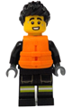 Male fire minifigure with black jacket and legs featuring reflective stripes, black spiked hair, and an orange life jacket - cty1733