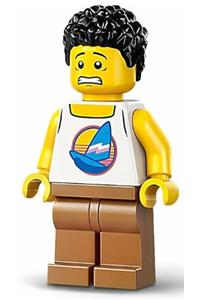 Barbequer Minifigure - Male barbequer with a white tank top featuring a dark azure sailboat, medium nougat legs, and black short coiled hair - cty1735