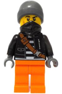 City Bandit Crook Male Minifigure - Male city bandit crook with orange legs, wearing a black jacket, dark bluish gray beanie, and black bandana - cty1737
