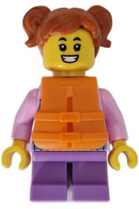 Child Minifigure - Girl child with dark orange hair in pigtails, wearing a bright pink hoodie with medium blue and white stripes, medium lavender short legs, and an orange life jacket - cty1740