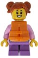 Girl child with dark orange hair in pigtails, wearing a bright pink hoodie with medium blue and white stripes, medium lavender short legs, and an orange life jacket - cty1740