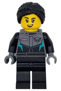 Race Car Driver Minifigure - Female race car driver with black braided hair in knot bun, in racing suit with hawk head logo, and black legs - cty1742