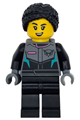Female race car driver with black braided hair in knot bun, in racing suit with hawk head logo, and black legs - cty1742