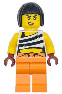 City Bandit Crook Minifigure - Female City Bandit Crook police minifigure with white tank top cropped with black stripes, orange legs, and black bob cut hair - cty1744