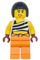 Female City Bandit Crook police minifigure with white tank top cropped with black stripes, orange legs, and black bob cut hair - cty1744